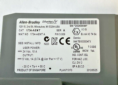 ALLEN BRADLEY 1734-AENT ETHERNET ADAPTER SER.A FW.3.009 24VDC W /1734-RTB