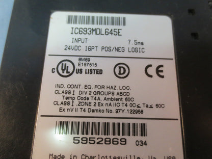 GE FANUC IC693MDL645E INPUT MODULE 24VDC 16PT POS/NEG LOGIC - 5952869