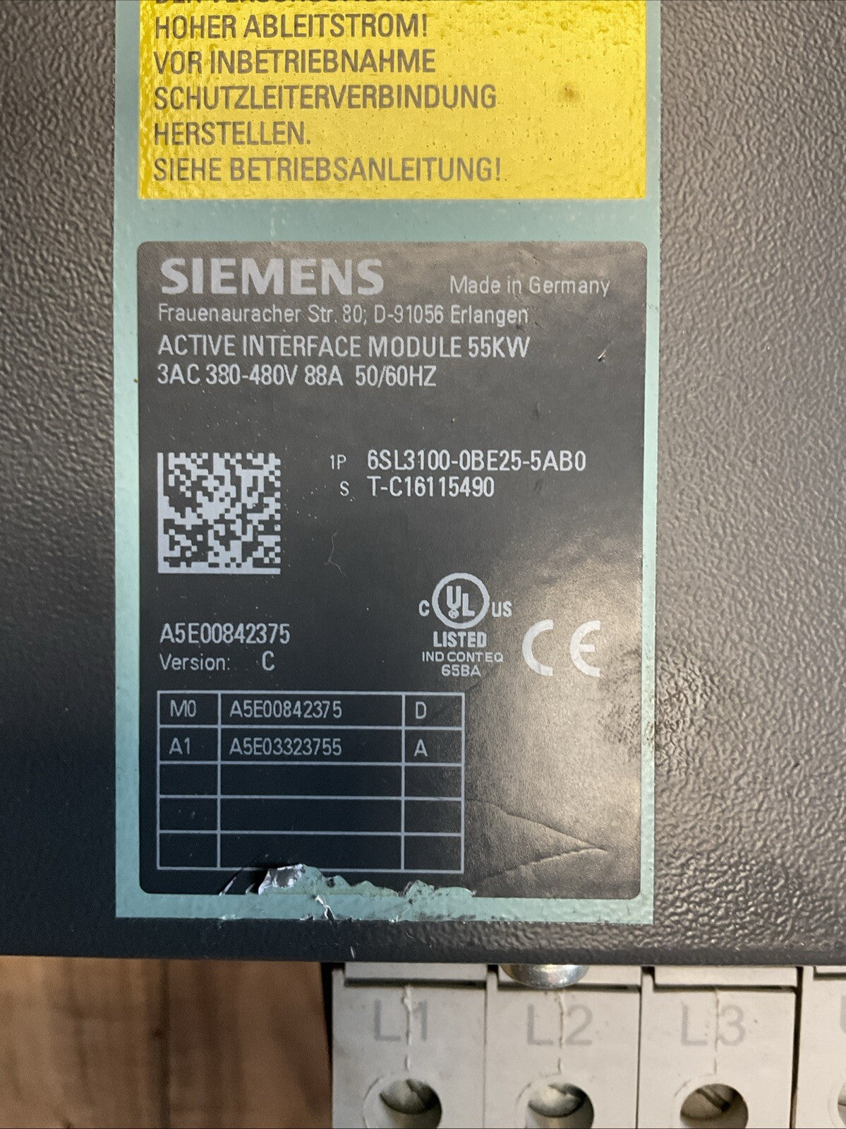 SIEMENS 1P 6SL3100-0BE25-5AB0 ACTIVE INTERFACE MODULE 55KW VER C 3AC 380-480V