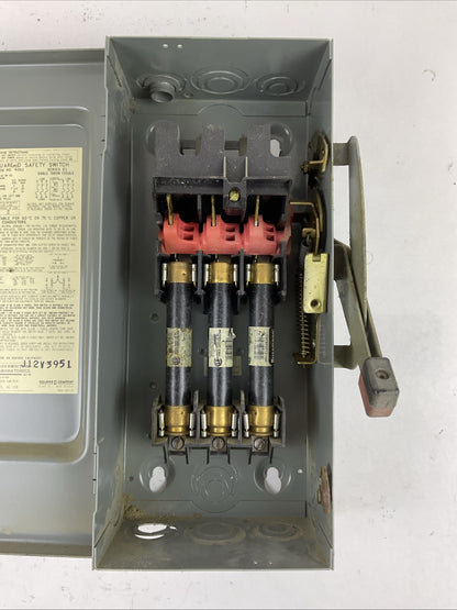 SQUARE D H361 SERIES E1 30AMP 600VAC 3PH 20HP 600VDC 15HP FUSIBLE SAFETY SWITCH