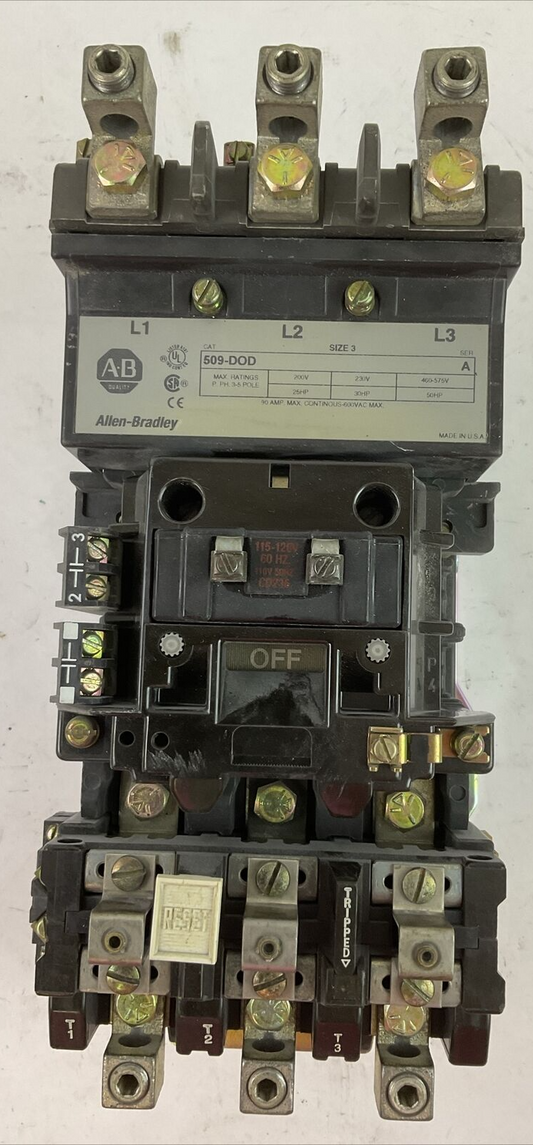 ALLEN BRADLEY 509-DOD SIZE 3 STARTER 600VAC 90A 50HP COIL 115-120V W/W69 HEATERS