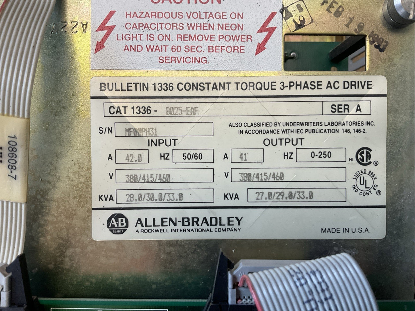 ALLEN BRADLEY 1336-B025-EAF CONSTANT TORQUE 3PH AC DRIVE OUTPUT 460VAC 33.0KVA