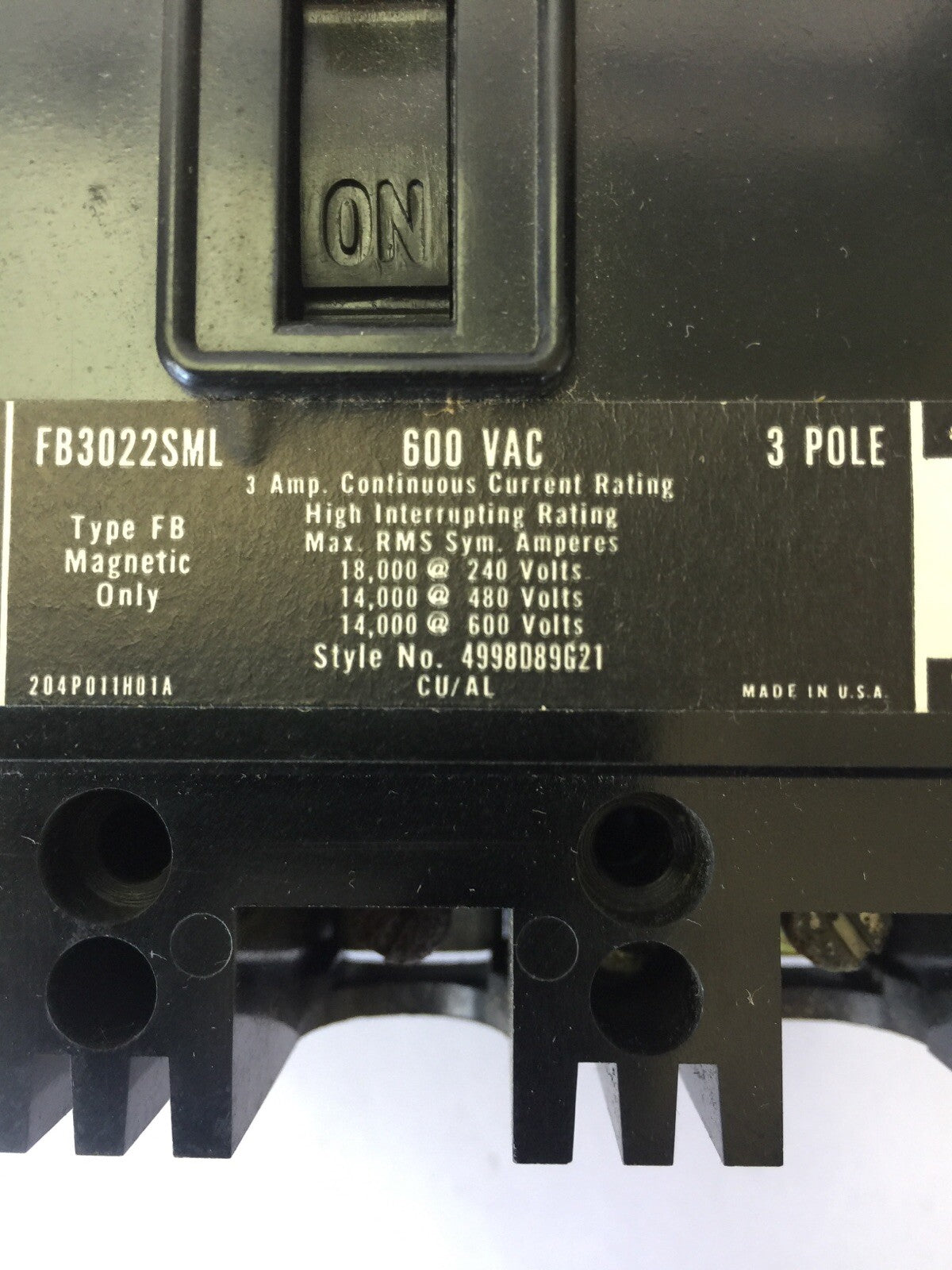WESTINGHOUSE FB3022SML CIRCUIT BREAKER 3AMP 600VAC 3POLE 4998D89G21