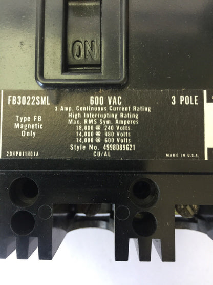 WESTINGHOUSE FB3022SML CIRCUIT BREAKER 3AMP 600VAC 3POLE 4998D89G21