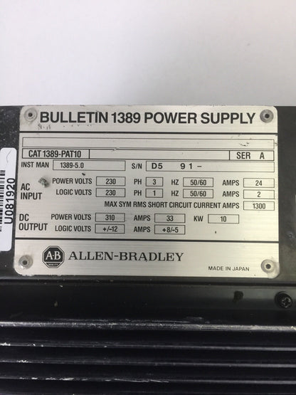 ALLEN BRADLEY 1389-PAT10 POWER SUPPLY SER A OUTPUT 310VDC 33A 10KW  INPUT 230VAC