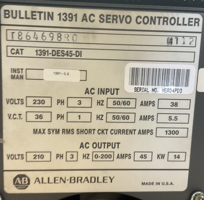 ALLEN BRADLEY 1391-DES45-DI BULLETIN 1391 AC SERVO CONTROLLER OUTPUT 210V 14KW