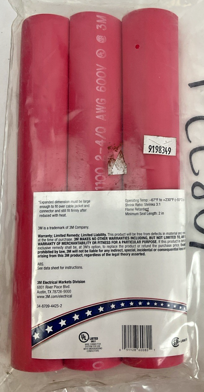 3M HEAT SHRINKING TUBING 2-4/0AWG 9IN 1.1"EXP.-0.37REC.  RED 3PACK