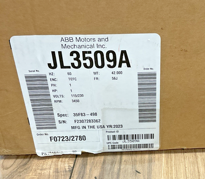 BALDOR JL3509A MOTOR 115/230V 12/6A 1HP 3450RPM FRAME:56J 1PH 60HZ