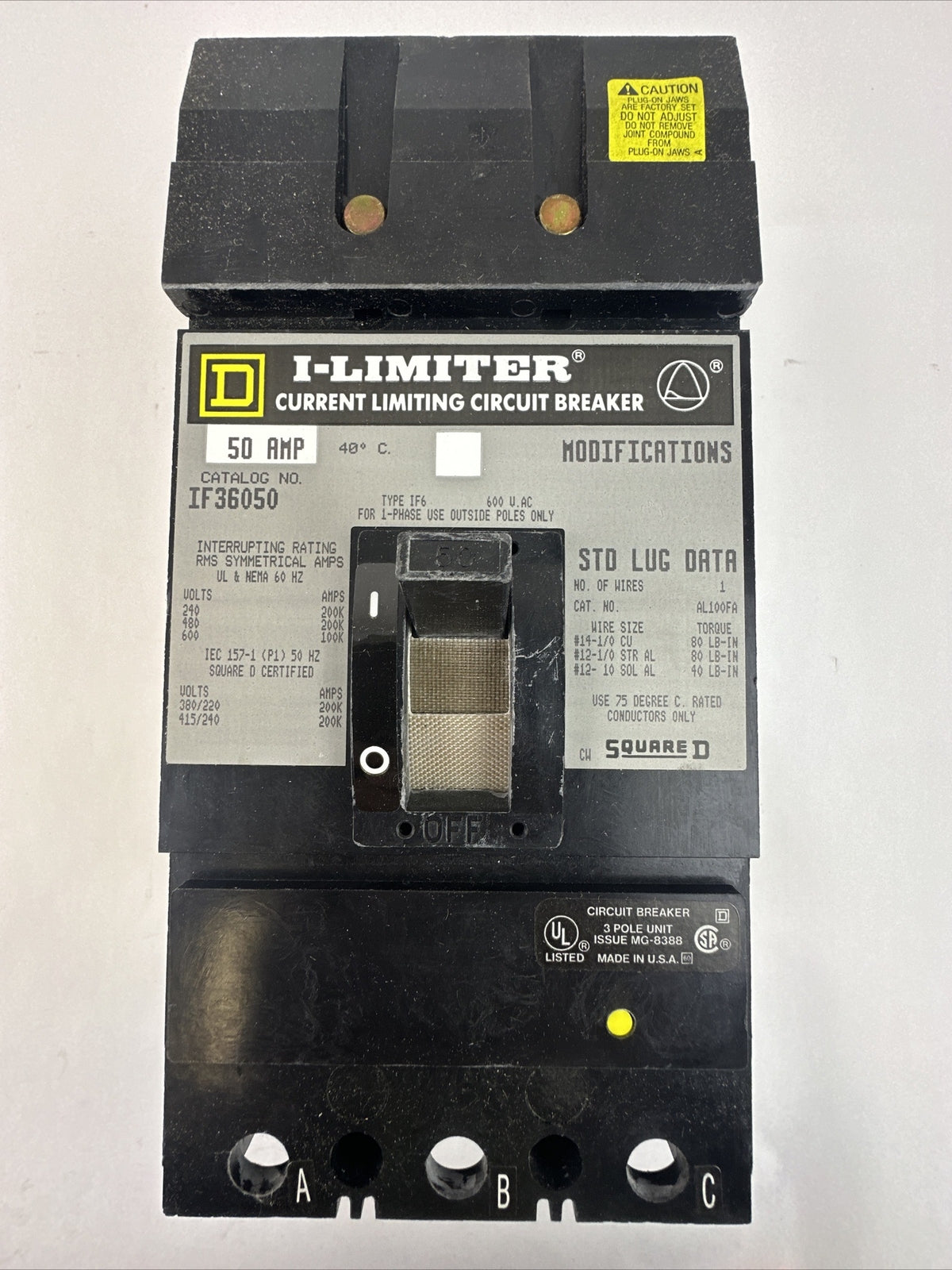 SQUARE D IF36050 50AMP 600VAC 3POLE I-LIMITER CURRENT LIMITING CIRCUIT BREAKER