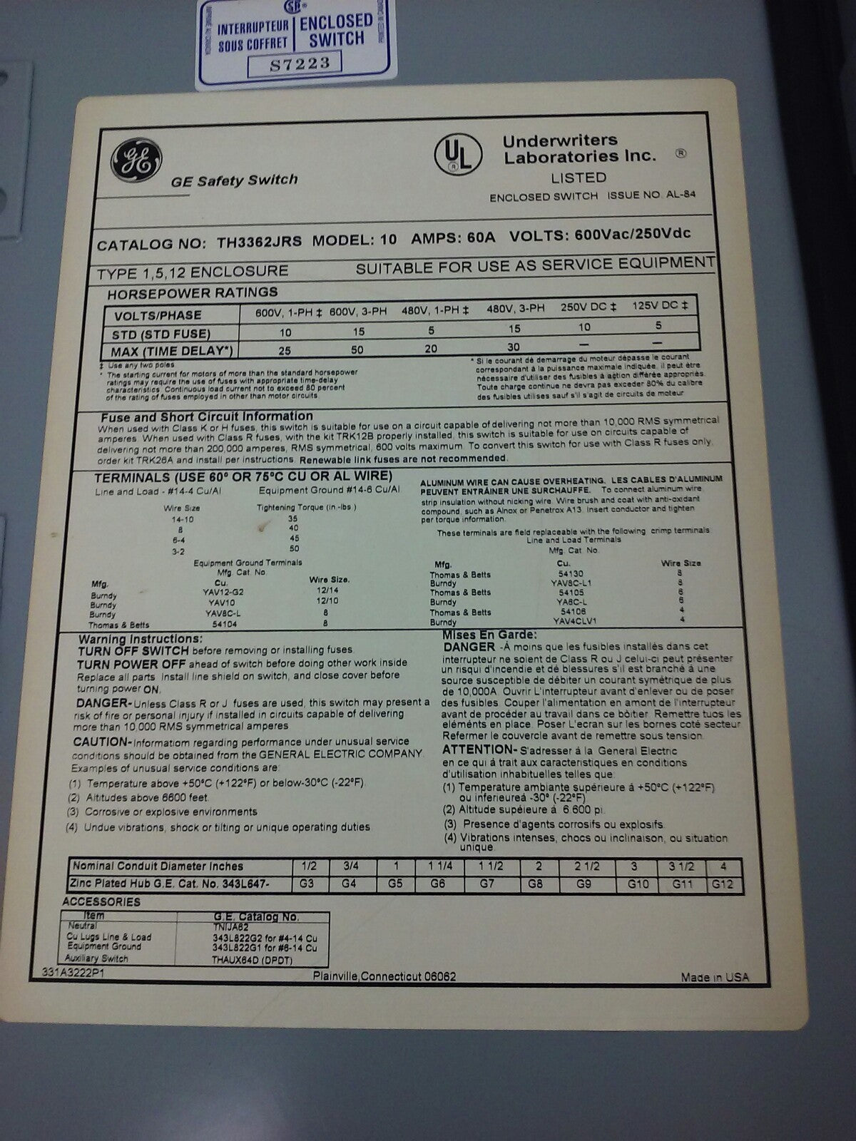 GE TH3362JRS, SAFETY SWITCH, MOD.10, 60A, 600VAC/250VDC, D16419  INTERLOCK RECEP