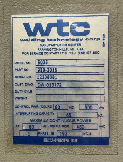 WTC MED WELD 5000S AC WELDING CONTROL 5025 958-2016 QUARTECH 2800 T2535153S