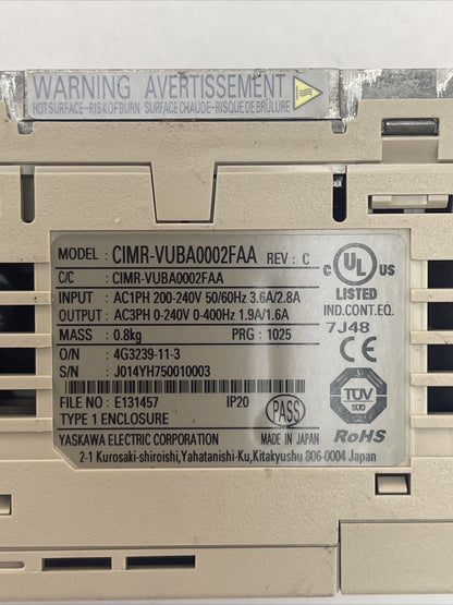 YASKAWA CIMR-VUBA0002FAA AC DRIVE REV C OUTPUT 0-240VAC 1.9/1.6A 0-400HZ INPUT