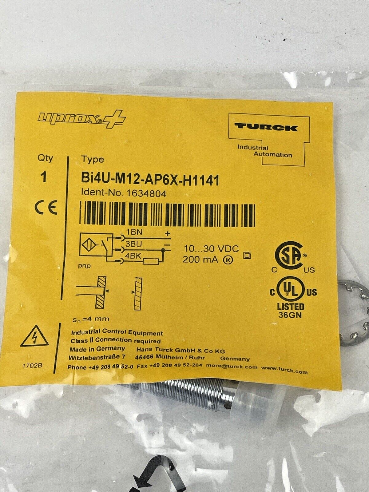 TURCK - BI4U-M12-AP6X-H1141 - PROXIMITY SWITCH SENSOR - 1634804
