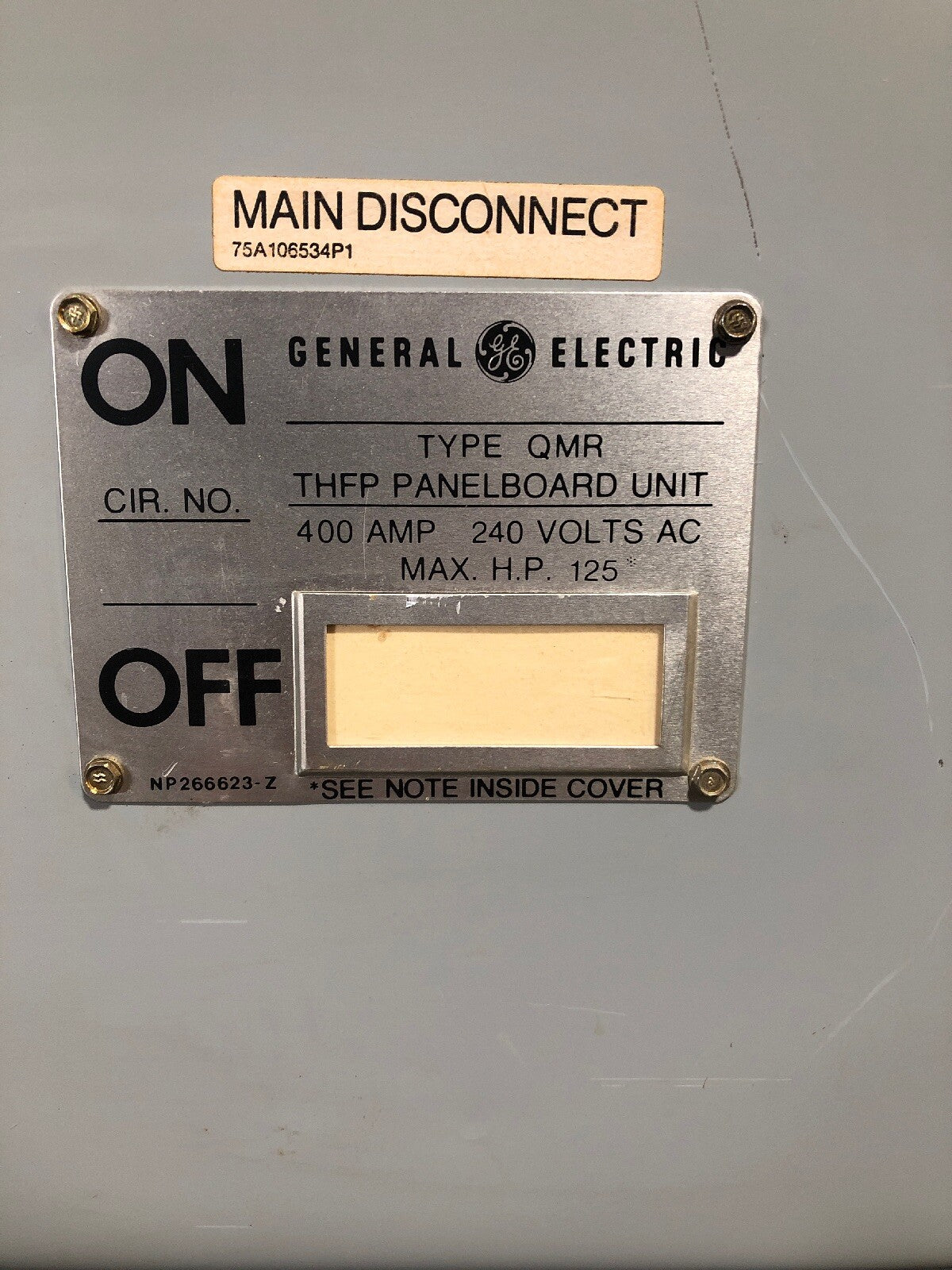 GE TYPE QMR THFP325 400 Amp 240VAC 250DVC Panelboard Unit W/Hardware