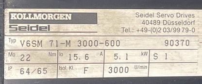 KOLLMORGEN SEIDEL SERVO DRIVE V6SM 71-M 3000-600 15.6A 5.1kW 64/65IP 22Nm