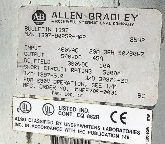 ALLEN BRADLEY 1397-B025R-HA2 DC DRIVE 25HP 3PH 460VAC/500VDC 45A 50/60HZ