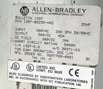 ALLEN BRADLEY 1397-B025R-HA2 DC DRIVE 25HP 3PH 460VAC/500VDC 45A 50/60HZ
