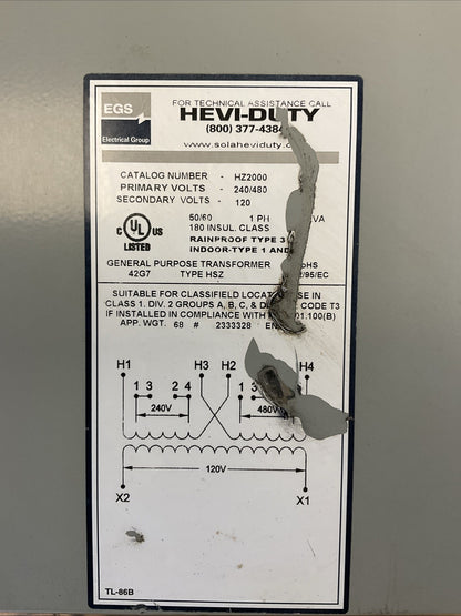 EGS HZ2000 HEVI-DUTY TRANSFORMER PRI VOLTS 240/480 SEC VOLTS 120 1PH 2.0KVA