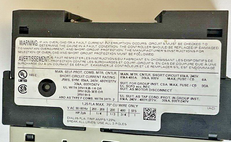 SIEMENS 3RV1021-0KA10,3RV1021-1KA10 MOTOR CONTROL 600V****LOTOF2***