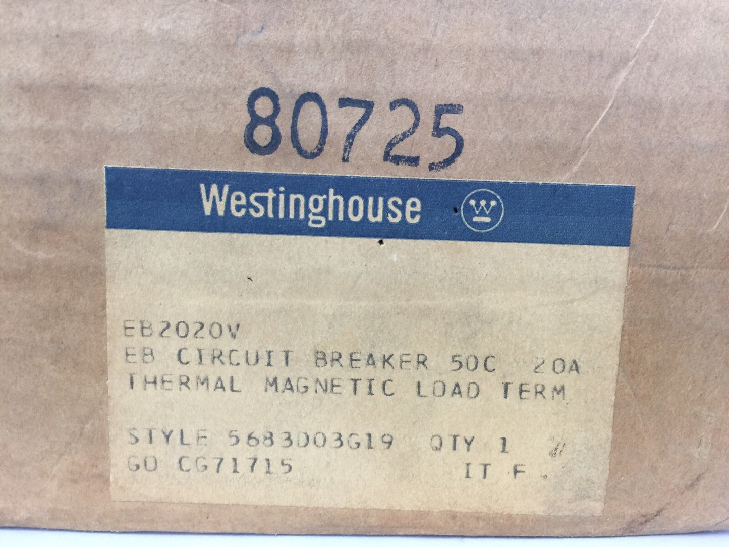 WESTINGHOUSE EB2020V CIRCUIT BREAKER 20AMP 2POLE 240VAC 125/250VDC 5683D03G19