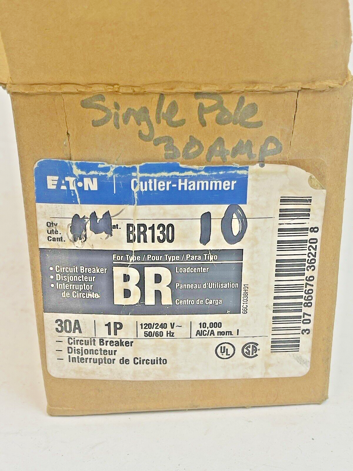 CUTLER-HAMMER *BOX OF 10* - BR130 - 30 A, 1 POLE, 120/240 VAC CIRCUIT BREAKERS