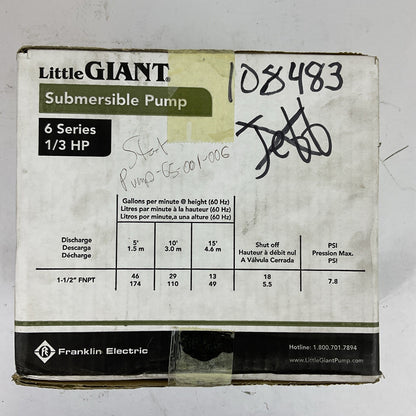LITTLE GIANT 6-CIA SUMP PUMP 6 SERIES 1/3HP 46GPM @ 5FT/18FT MAX 115VAC 9.0A