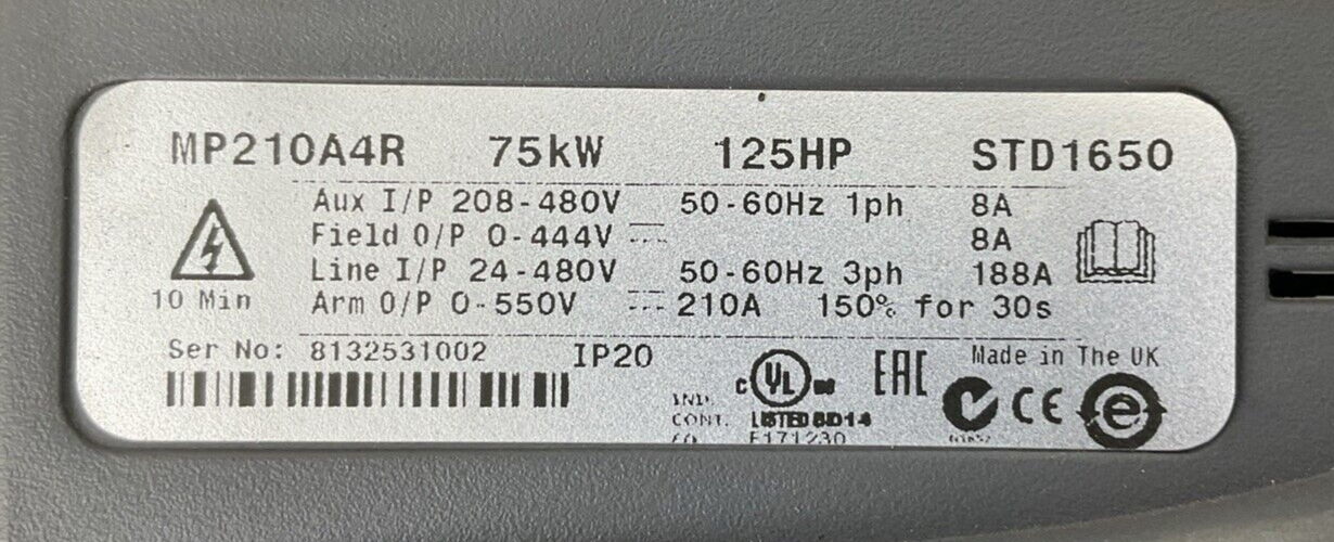 EMERSON MP210A4R SERVO DRIVE 75kW 125HP ARM OUTPUT 0-550VDC 210A LINE