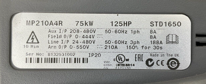 EMERSON MP210A4R SERVO DRIVE 75kW 125HP ARM OUTPUT 0-550VDC 210A LINE