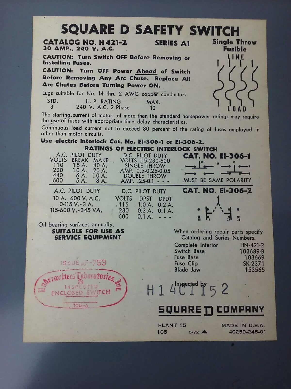 SQ.D H421-2, H4212, SER. A1, H.D. SAFETY SWITCH, 30A, 240V, FUSIBLE, MAX H.P. 10