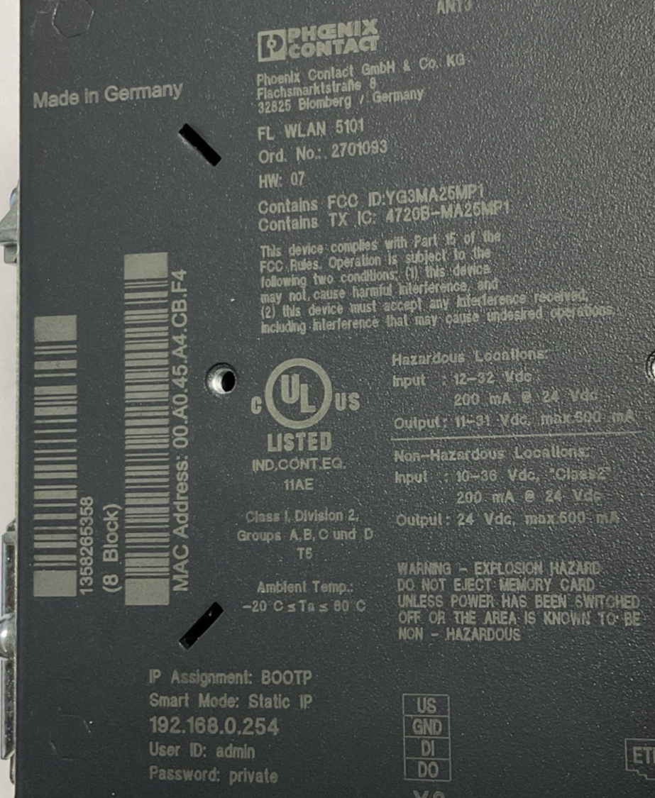PHOENIX CONTACT WLAN 5100 WIRELESS SWITCH MODULE 32VDC HW:07 W/ 3 CONNECTORS