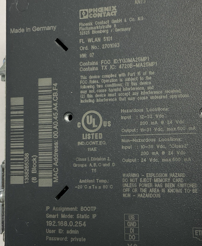 PHOENIX CONTACT WLAN 5100 WIRELESS SWITCH MODULE 32VDC HW:07 W/ 3 CONNECTORS