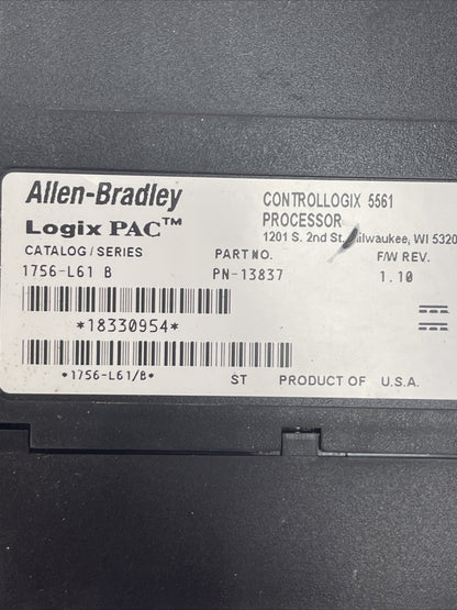 ALLEN BRADLEY 1756-L61 LOGIX PAC SER B CONTROLLOGIX 5561 PROCESSOR F/W REV 1.10