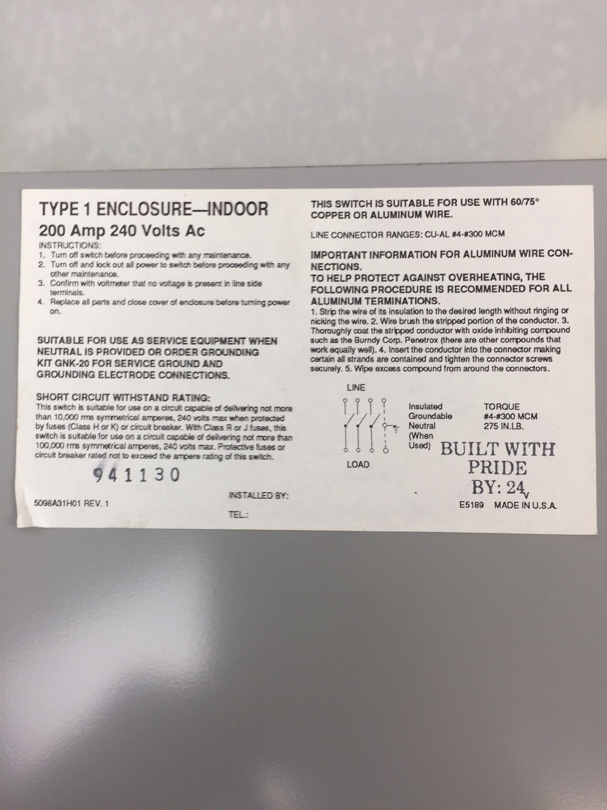 CHALLENGER GD324NFC 200 AMP 240 VAC 3 POLES NEMA 1 NON FUSIBLE GENERAL DUTY