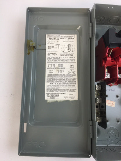 SQUARE D H-361 N NON FUSIBLE SAFETY SWITCH SER E1 600V 30A 30HP 3 POLE TYPE 1