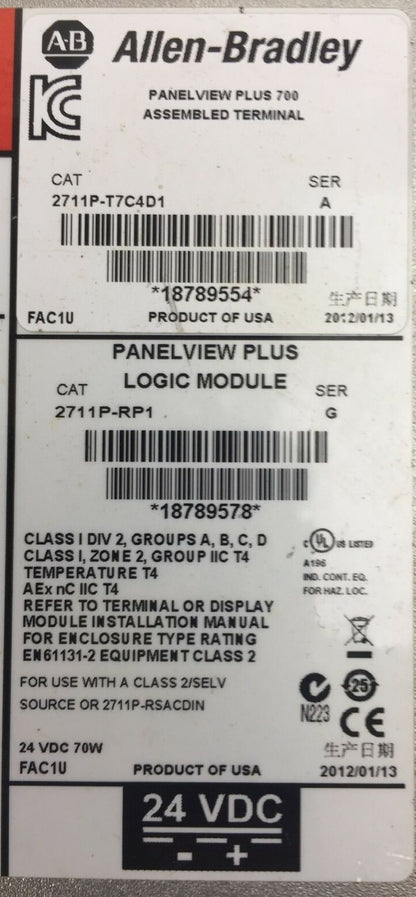 ALLEN BRADLEY 2711P-T7C4D1 SER A PANELVIEW PLUS 700 2711P-RP1 LOGIC MODULE SER G