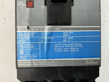SIEMENS ED43B015 SENTRON SERIES CIRCUIT BREAKER TYPE ED4 15AMP 480VAC 3POLE