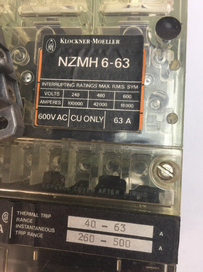 KLOCKNER MOELLER NZMH6-63 CIRCUIT BREAKER 600VAC 63A ZM6-63-CNA THERMAL TRIP
