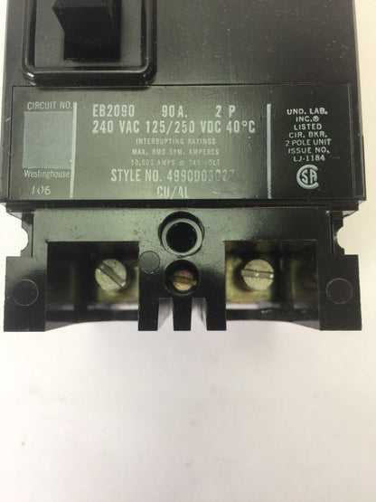 WESTINGHOUSE EB2090 AB DEION CIRCUIT BREAKER 90AMP 240VAC 125/250VDC 2 POLE