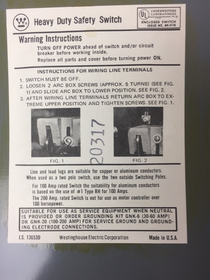 WESTINGHOUSE JHU361 HEAVY DUTY SAFETY SWITCH 600 VAC 480 VAC 240 VAC 30 AMP