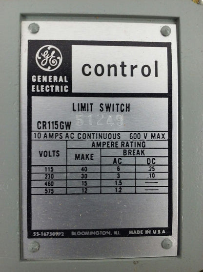 GE, CR115GW51249, LIMIT SWITCH, 600V MAX, 10AMP, CR115GW, GENERAL ELECTRIC, NEW
