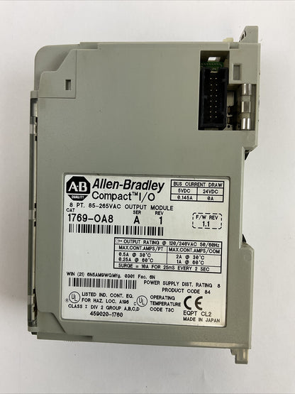 ALLEN BRADLEY 1769-OA8 SER A REV 1 F/W REV 1.1 8PT 85-264VAC OUTPUT MODULE