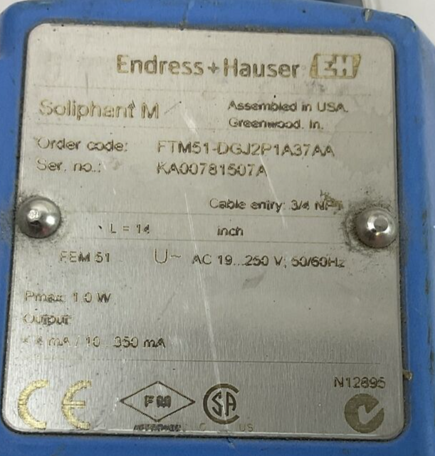 ENDRESS + HAUSER FTM51-DGJ2P1A37AA POINT LEVEL SWITCH 19-250VAC