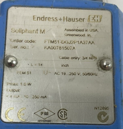 ENDRESS + HAUSER FTM51-DGJ2P1A37AA POINT LEVEL SWITCH 19-250VAC