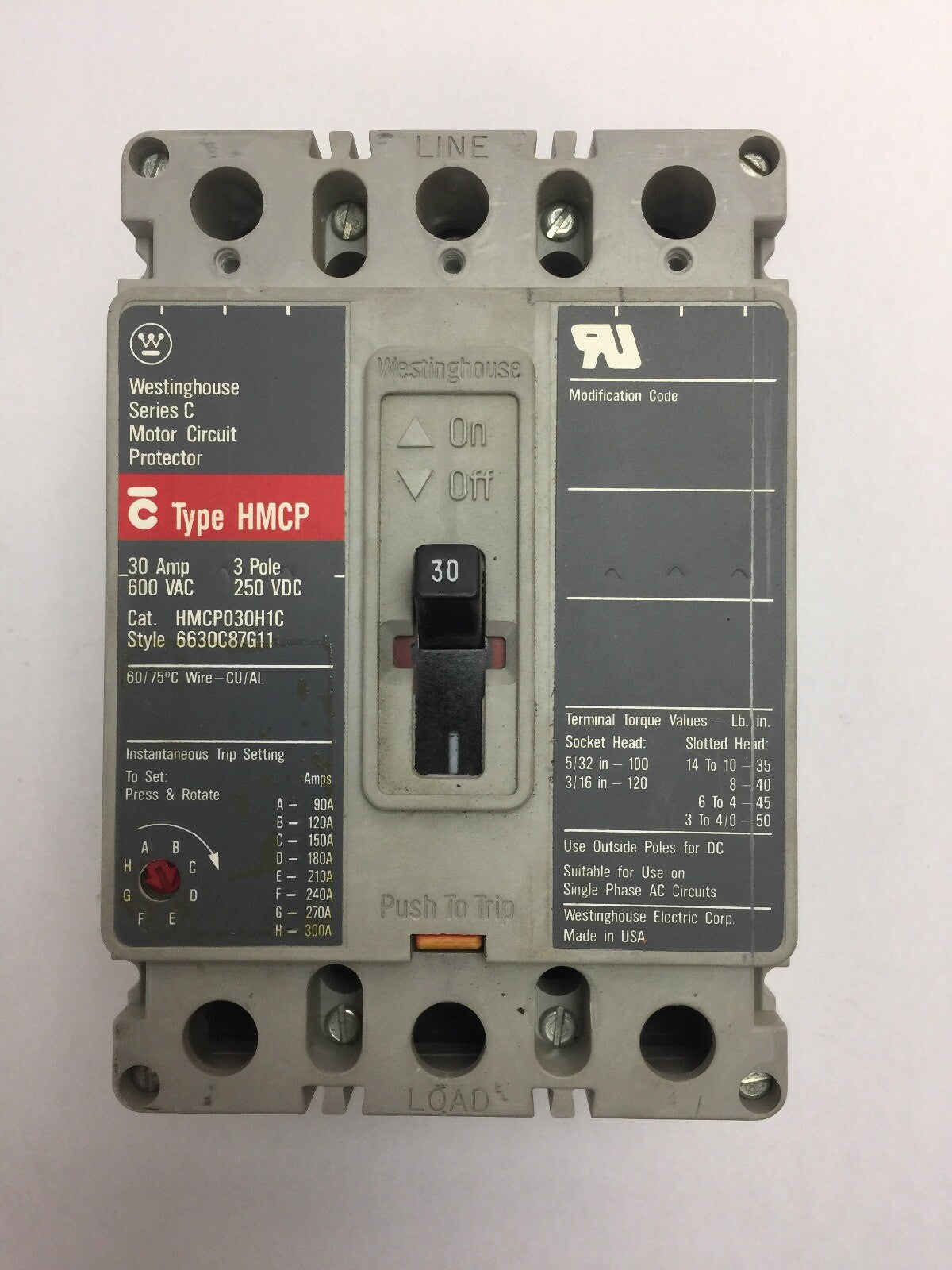 WESTINGHOUSE HMCP030H1C MOTOR CIRCUIT PROTECTOR 30AMP 600VAC 250VDC 3 POLE SER C