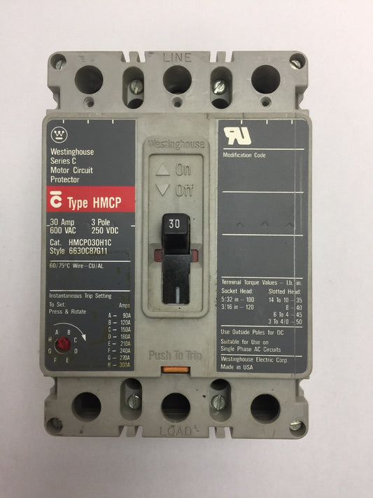 WESTINGHOUSE HMCP030H1C MOTOR CIRCUIT PROTECTOR 30AMP 600VAC 250VDC 3 POLE SER C