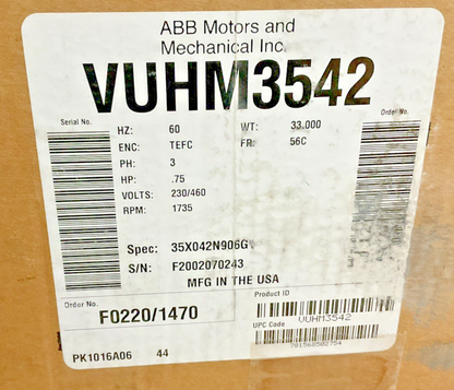 BALDOR VUHM3542 INDUSTRIAL MOTOR .75HP 60HZ 3PH 230/460V 1735RPM