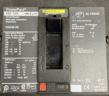 SQUARE D HDA36100 POWERPACT CIRCUIT BREAKER 3POLE 100A CAT.A HD 150 600VAC