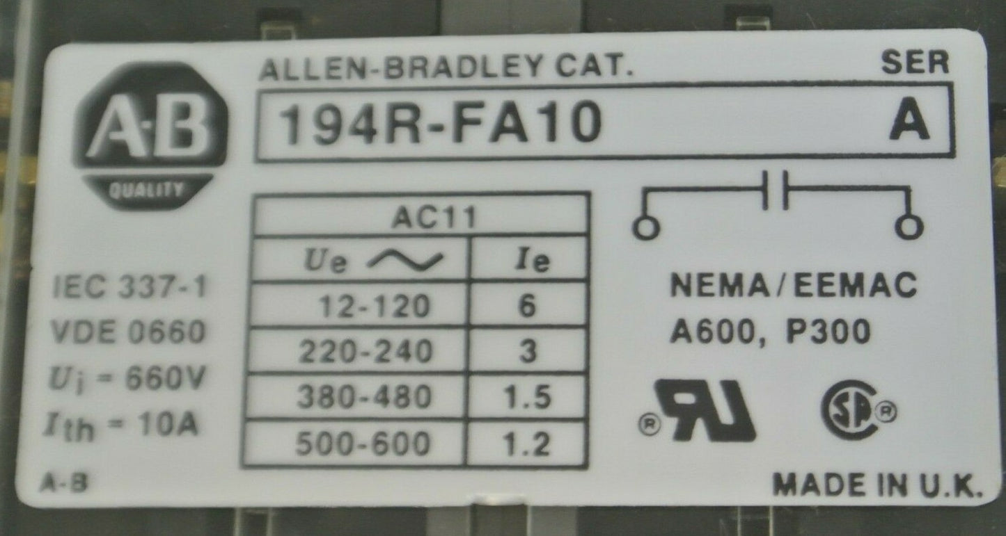 LOT of 5 / ALLEN-BRADLEY 194R-FA10 / AUXILIARY CONTACT / 1 N.O . / NEW SURPLUS