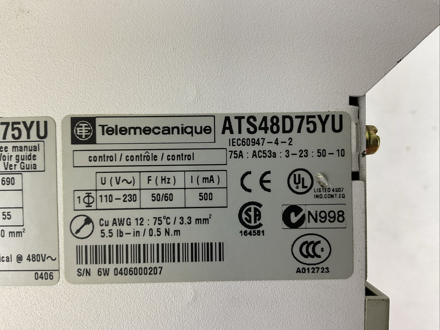 TELEMECANIQUE ATS48D75YU SOFT STARTER 575VAC 60HP 75A