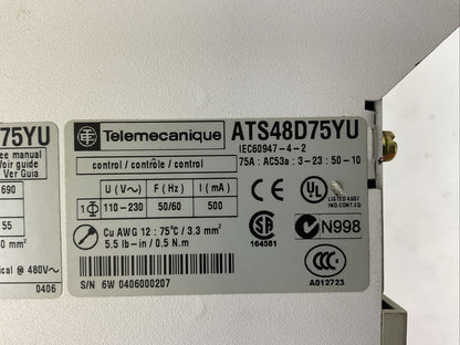TELEMECANIQUE ATS48D75YU SOFT STARTER 575VAC 60HP 75A